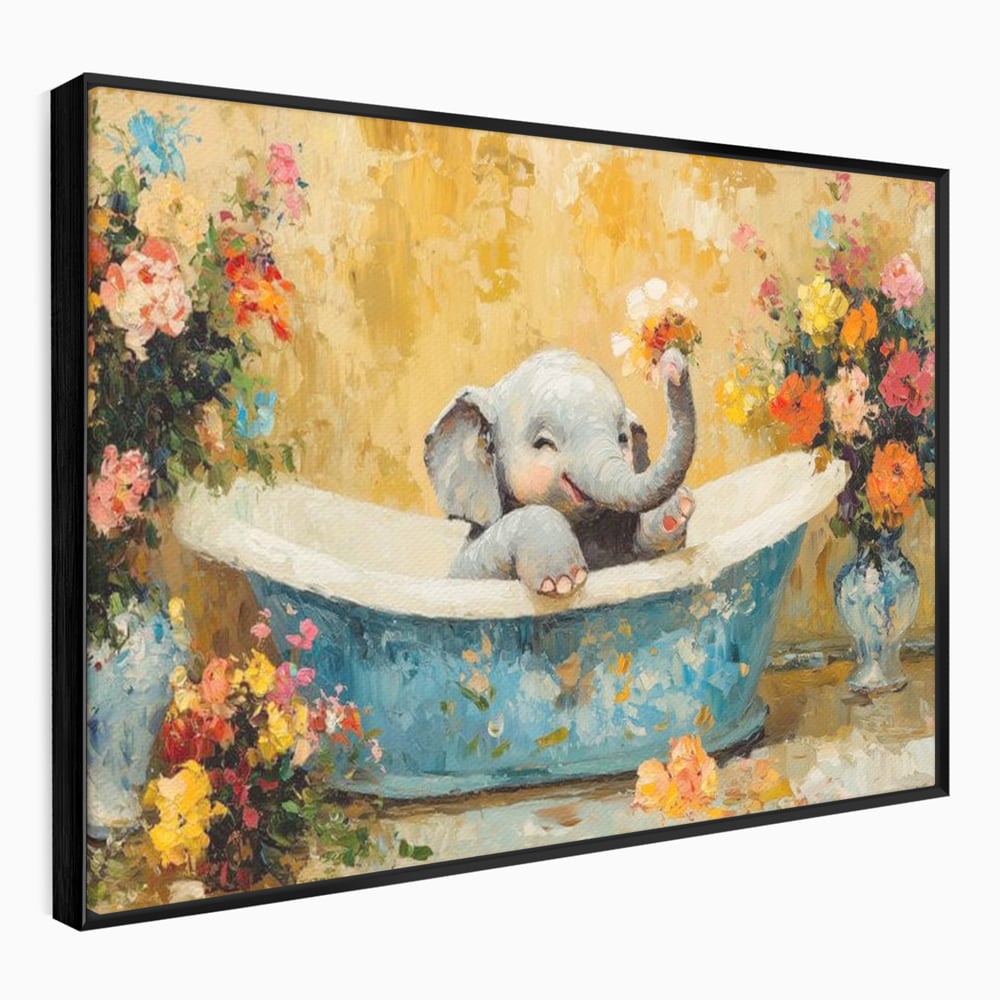 Tablou canvas cu tablou canvas cu pui de elefant in cada, in rama de aluminiu negru